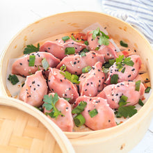Load image into Gallery viewer, Pink Pork, Prawn, Chive &amp; Beetroot Dumplings - 2 Packets, 30 Pieces Per Packet
